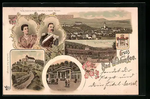 Lithographie Bad Wildungen, Ortsansicht, Stammschloss Waldeck, Friedrich von Waldeck-Pyrmont
