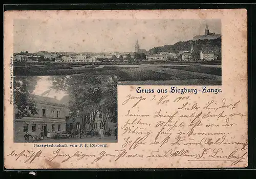 AK Siegburg-Zange, Gasthaus F. P. Rösberg, Ortspanorama mit Burg