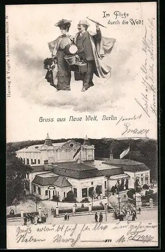 AK Berlin-Neukölln, Paar mit Gepäck auf einer Wolke über dem Gasthaus Neue Welt