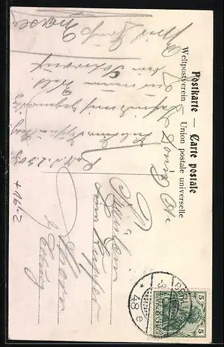 AK Berlin-Neukölln, Paar mit Gepäck auf einer Wolke über dem Gasthaus Neue Welt