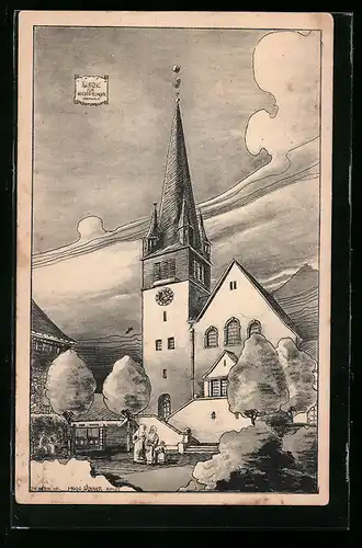 Künstler-AK Nieder-Klingen i. O., Blick zur Evang. Kirche