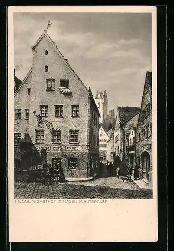 Künstler-AK Füssen, Strassenpartie mit Gasthof zum Hasen und Hutergasse