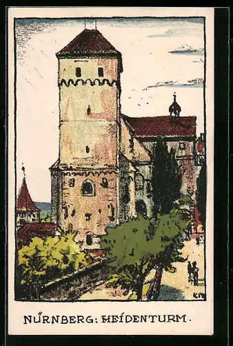Künstler-AK Nürnberg, Blick zum Heidenturm