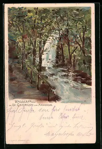 Lithographie St. Georgen / Ammersee, Weg am Wasserfall