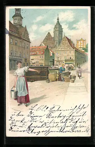 Künstler-AK Meissner & Buch (M&B): Pirna, Junge Frau holt Wasser aus dem Brunnen auf dem Marktplatz