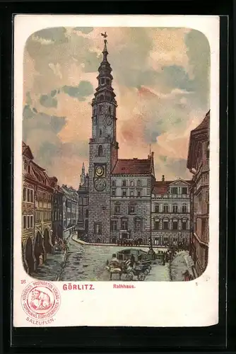 Lithographie Görlitz, Rathaus im Abendlicht, Reklame für Hoffmanns Stärkefabriken