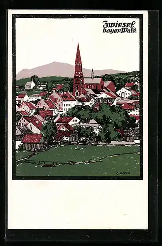 Künstler-AK Zwiesel /Bayer. Wald, Teilansicht mit Kirche
