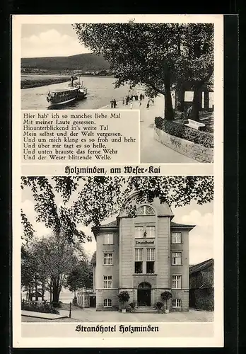 AK Holzminden, Strandhotel, Dampfer passiert den Weser-Kai