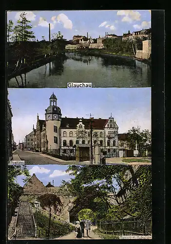 AK Glauchau, Ortsansicht mit Flusspartie, Postamt & Tunnel der Schule