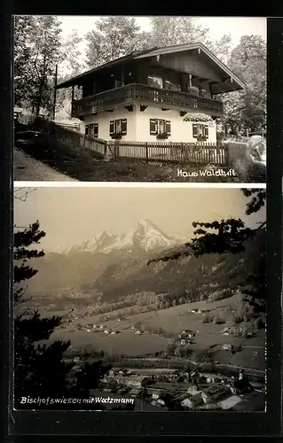 AK Bischofswiesen, Haus Waldluft, Ortsansicht mit Watzmann