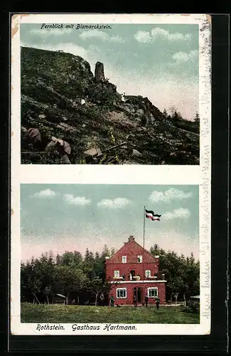 AK Rothstein, Fernblick mit Bismarckstein, Gasthaus Hartmann