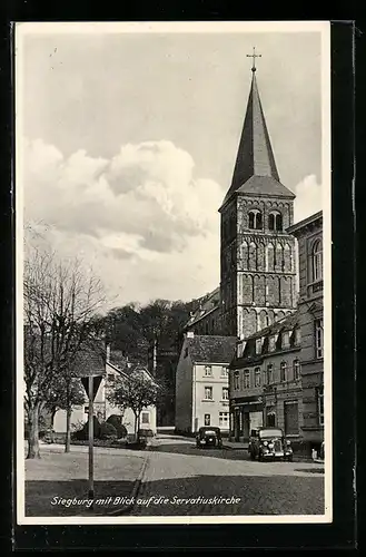 AK Siegburg, Strassenpartie mit Servatiuskirche und Autos