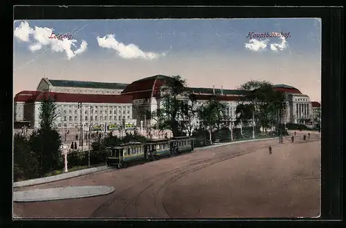 AK Leipzig, Strassenbahn passiert den Hauptbahnhof