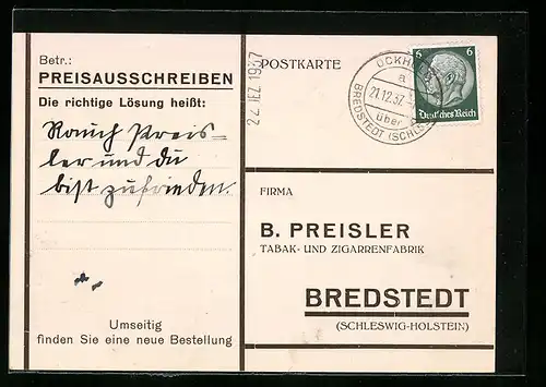AK Bredstedt /Schl.-Holst., Preisausschreiben-Antwortkarte / Bestellkarte der B. Preisler Zigarrenfabrik