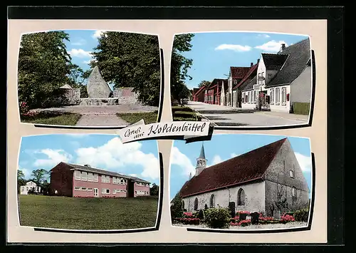 AK Koldenbüttel, Ehrenmal, Strassenpartie mit Vivo Geschäft Reimers, Kirche