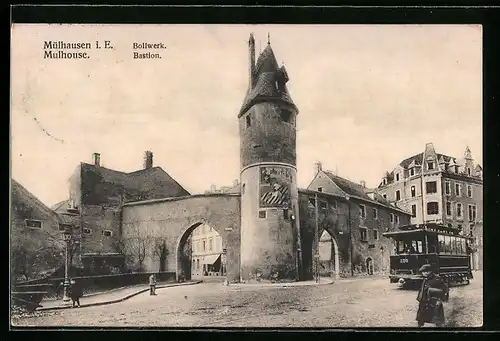 AK Mülhausen i. E., Bollwerk und Strassenbahn