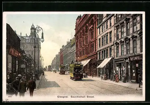 AK Glasgow, Sauchiehall Street, Strassenbahn
