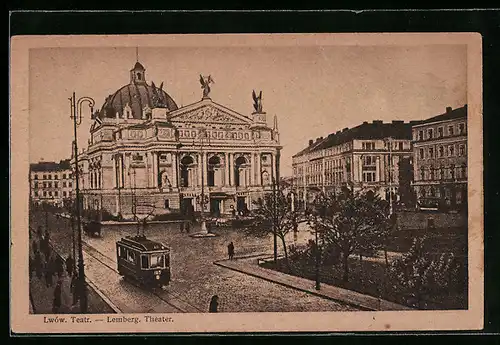 AK Lemberg-Lwow, Teatr, Blick zum Theater, Strassenbahn