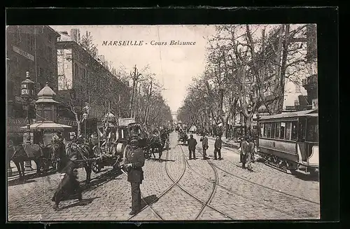 AK Marseille, Cours Belsunce, Strassenbahn