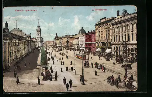 AK St. Pétersbourg, Perspective de Nevsky, Strassenbahn und Passanten