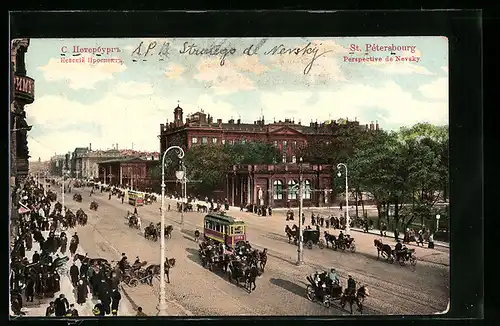 AK St. Petersburg, Perspective de Nevsky, Strassenbahn