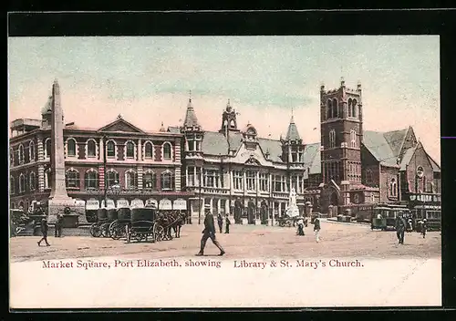 AK Port Elizabeth, Market Square, Library & St. Mary`s Church, Strassenbahn