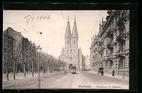 AK Wiesbaden, Rheinstrasse mit Ringkirche und Strassenbahn