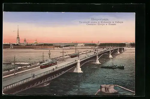 AK Pétrograde, Pont Troitzky et la Forteresse de Pierre et Paul, Strassenbahn