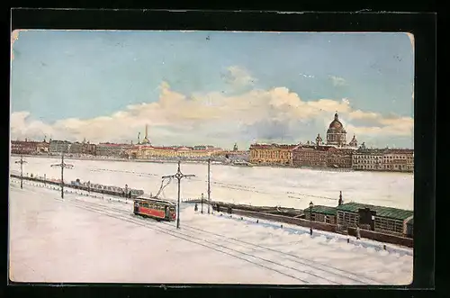 AK St. Petersbourg, Vue sur la Neva et le quai de l`Amiraute, en hiver, Strassenbahn