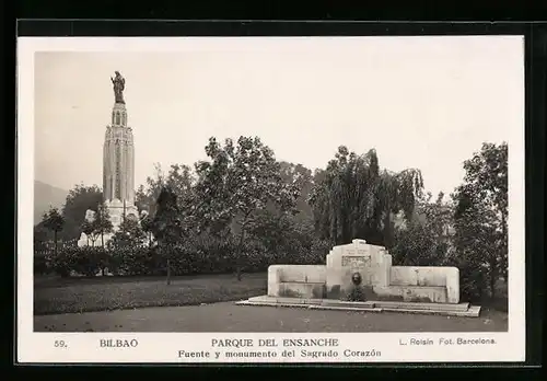 AK Bilbao, Parque del Ensanche, Fuente y monumento del Sagrado Corazón