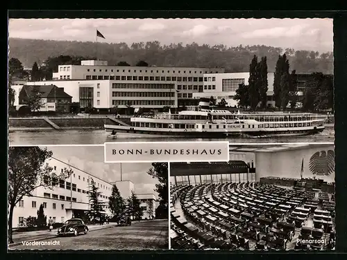 AK Bonn, Bundeshaus, Vorder- und Rückansicht, Plenarsaal