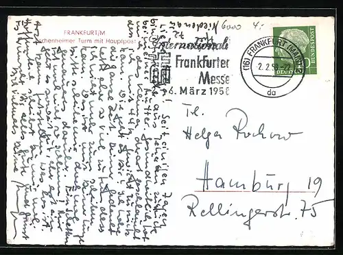 AK Frankfurt a. M., Eschenheimer Turm mit Hauptpost