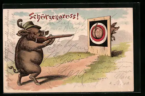 Lithographie Schützengross! vermenschlichtes Schwein als Jäger zielt auf eine Zielscheibe