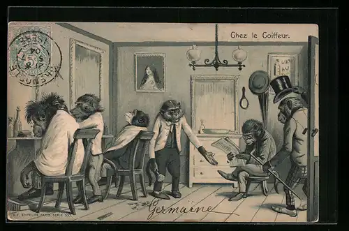 Präge-AK Affen als vermenschlichte Tiere im Friseursalon