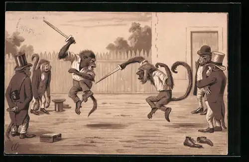 AK Affen kämpfen mit Schwertern gegeneinander, vermenschlichte Tiere