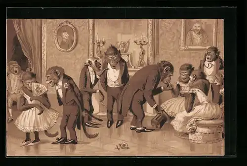 Präge-AK Vermenschlichte Affen im Salon