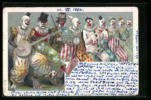 Lithographie Diverse Clowns während Carneval, Harlekin, Pierrot