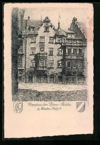 Künstler-AK München, Verbindungshaus der Rheno-Palatia, Platzl 8