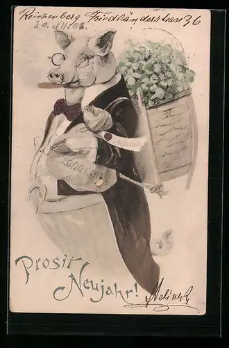 AK Schwein im Frack mit Kiepe voller Glücksklee