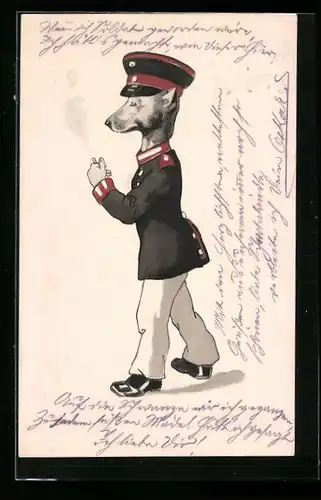 Künstler-AK Hund in Uniform mit Zigarette, vermenschlichte Tiere