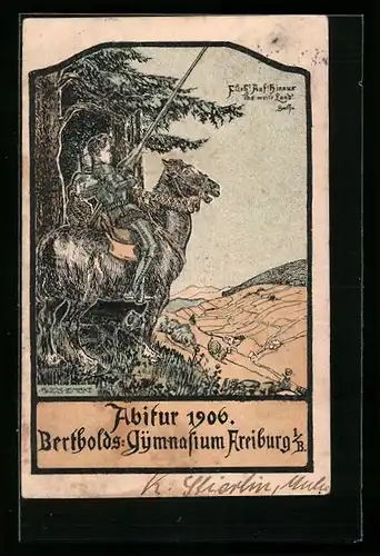 Künstler-AK Freiburg i. B., Abitur 1906 des Bertholds-Gymnasiums, Ritter zu Pferd
