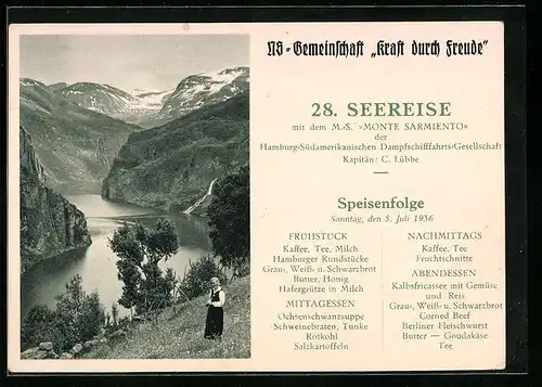 AK 28. Seereise mit dem KdF Schiff Monte Sarmiento, Speisenfolge am 05.07.1936