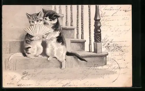 Präge-AK Katzenpärchen mit einem Fächer, vermenschlichte Tiere