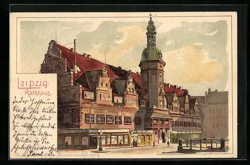 Lithographie Leipzig, Blick auf das Rathaus