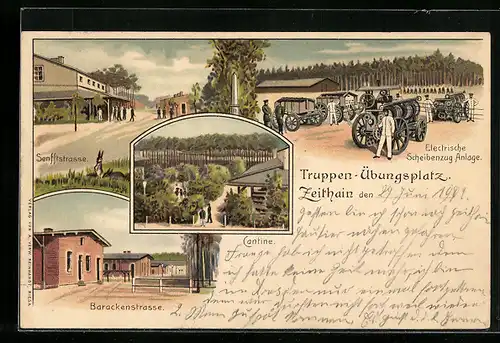 Lithographie Zeithain, Truppen-Übungsplatz, Senfftstrasse, Barackenstrasse, Elektrische Scheibenzug-Anlage