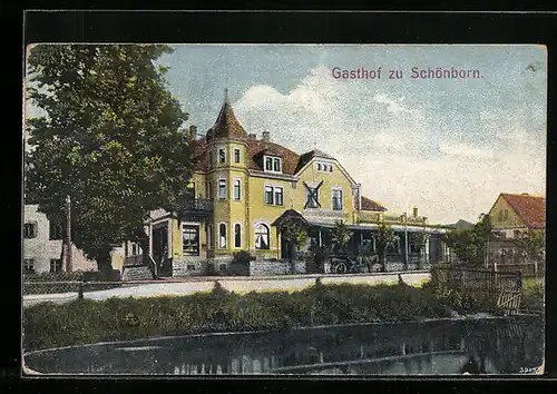 AK Schönborn, Blick über den Dorfteich zum Gasthof