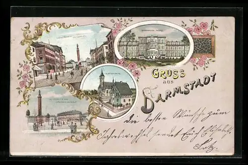 Lithographie Darmstadt, Rheinstrasse und Louisenplatz, Martinskirche