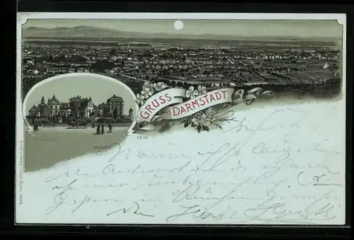 Mondschein-Lithographie Darmstadt, Schloss, Ortsansicht aus der Vogelschau