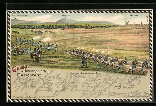 Lithographie Darmstadt, Truppen-Übungsplatz, Auf dem Griesheimer Sand, Soldaten