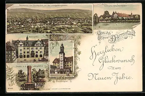 Lithographie Darmstadt, Marktplatz, Schloss Kranichstein, Glockenspiel
